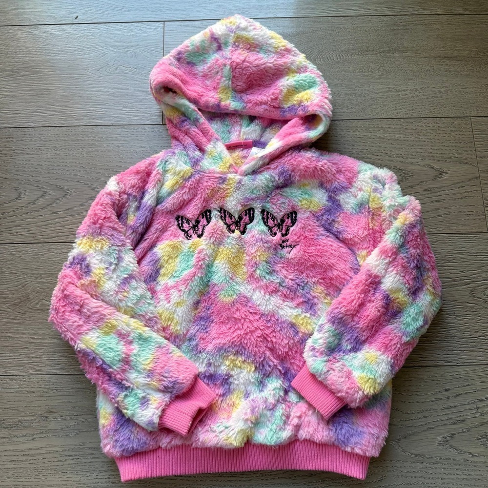 Betsey Johnson Faux Fur Hoodie Tie Dye Butterfly Kids Small